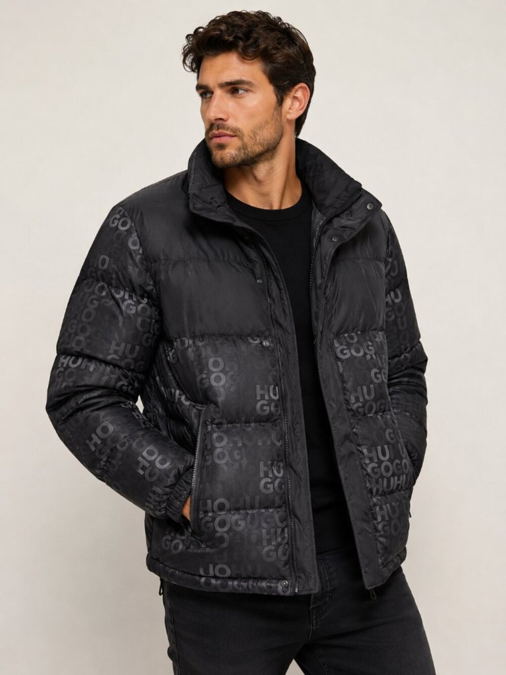 HUGO Hugo Boss Men’s Black Logo Print Puffer Jacket Winter Coat